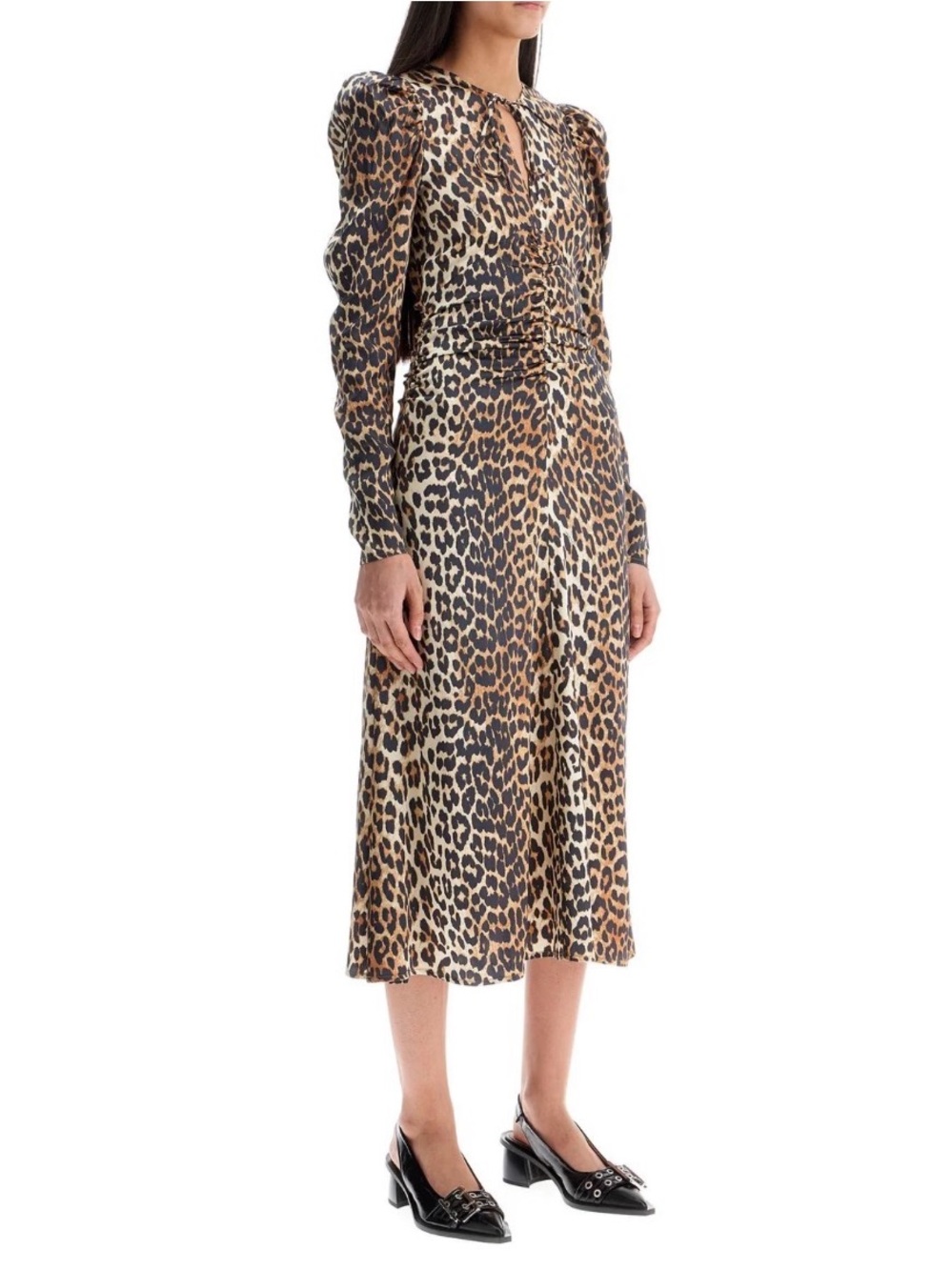 Ganni Leopard-Print Midi Dress in Brown and Black